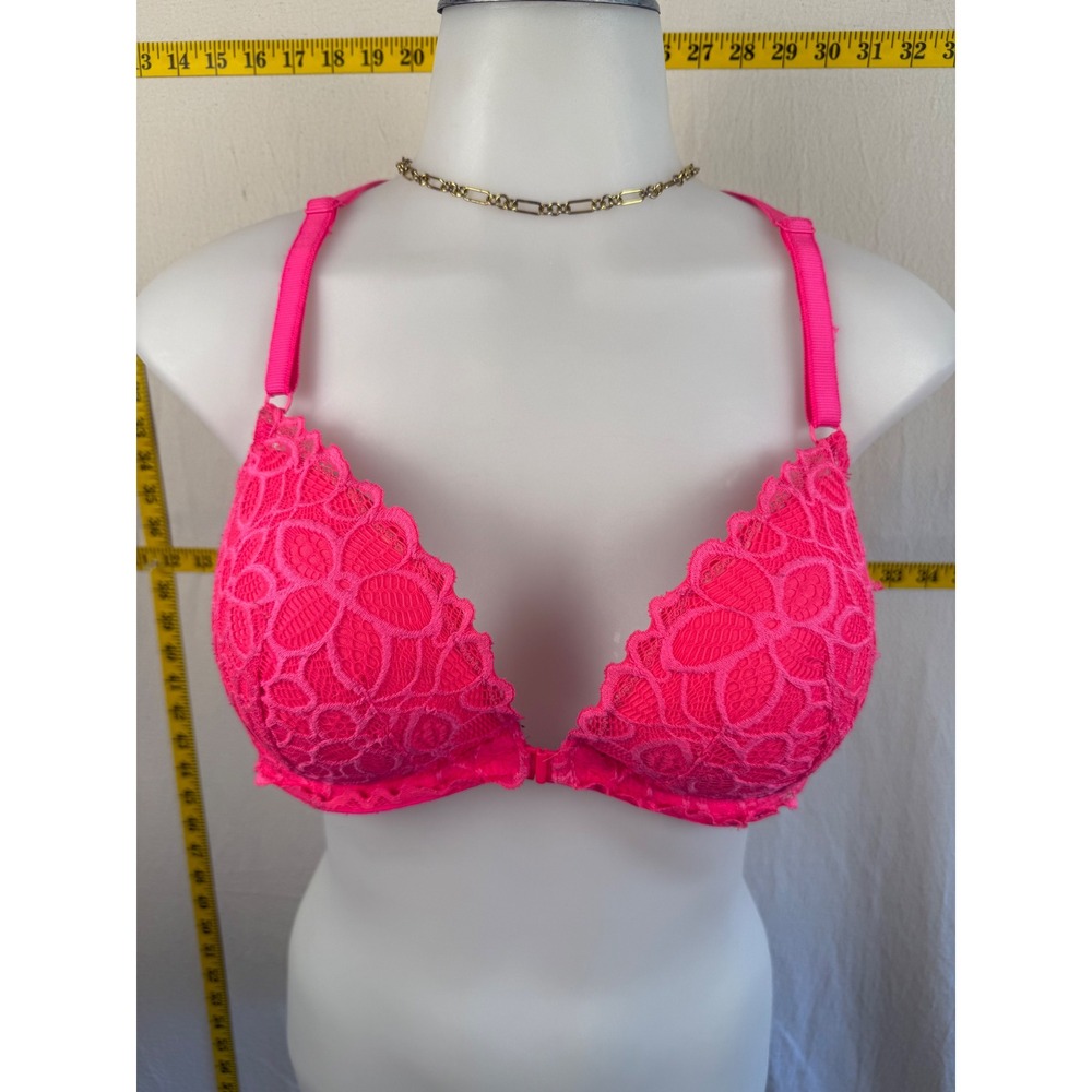 Pink Victoria's Secret Bra Women 36D Neon Pink Lace Racerback Front Closure